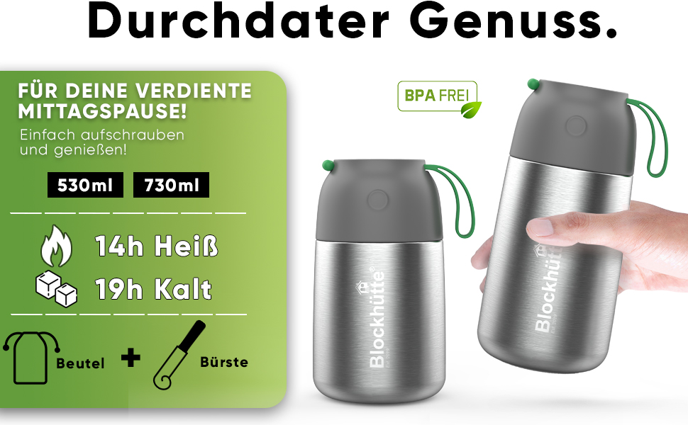 Термоконтейнер для їжі Blockhütte 530 мл, нержавіюча сталь, дитячий ланчбокс, BPA-free, без витоку, з антивакуумним клапаном, придатний для миття в посудомийній машині (сріблястий)