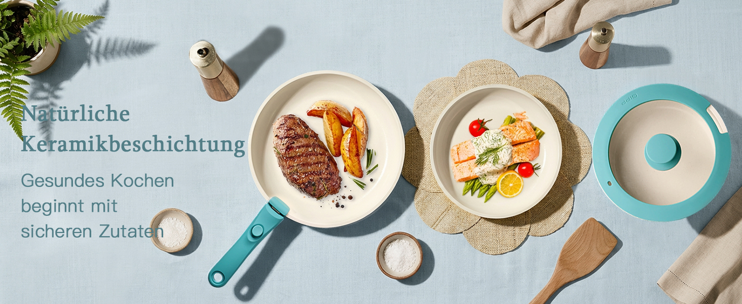 Набір посуду GiPP 11 предметів: сковорідки та каструлі з антипригарним покриттям, знімні ручки, сталевий, блакитний градієнт, для всіх типів плит, сумісний з духовкою