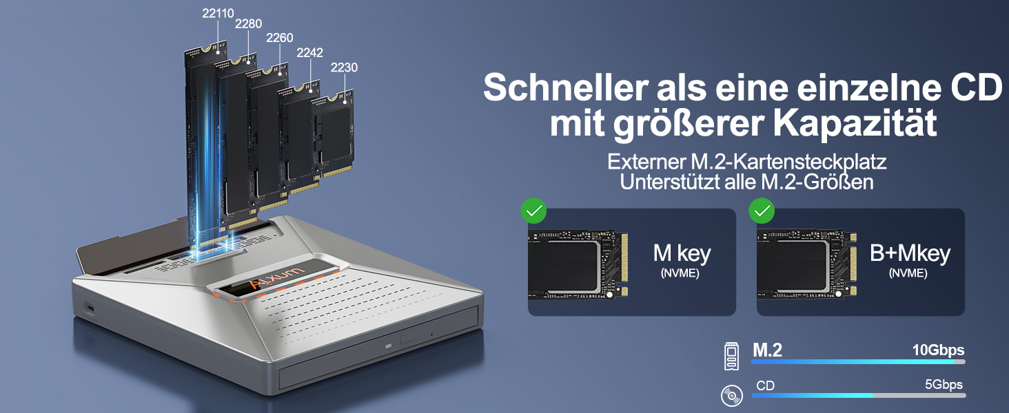 Зовнішній DVD-привід Alxum USB-C 3.0 та USB: CD/DVD плеєр і записувач для ноутбука з картридером SD/TF та додатковим USB-портом, Plug & Play, чорний
