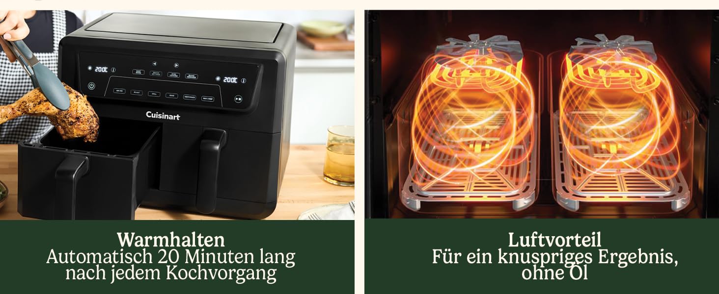 Фритюрниця Cuisinart XXL 10.4L з двома зонами, без PFAS та хімікатів, для смаження, гриля, випікання, дегідратації та підтримання тепла, 2 камери (2 x 5.2L), 8+ порцій, знімні деталі придатні для миття в посудомийній машині, чорний колір
