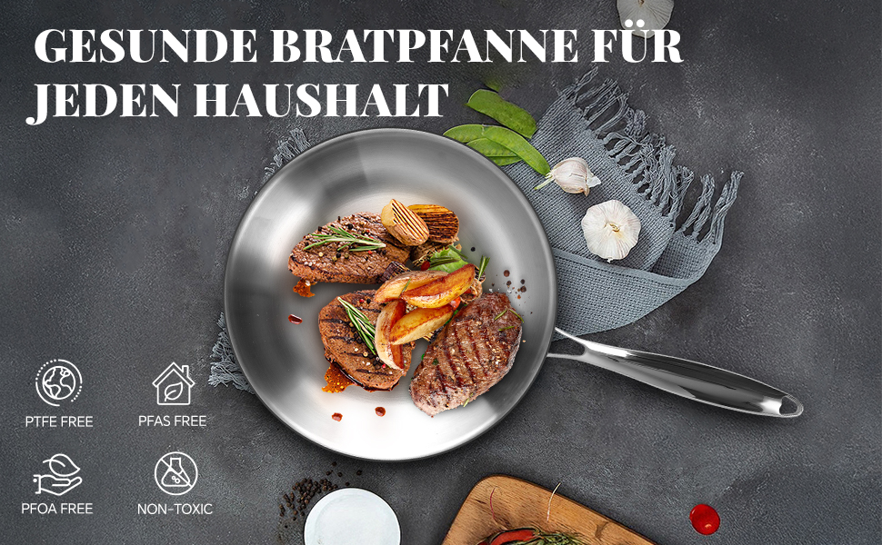 Сковорода Deedro 28 см, індукційна, нержавіюча сталь, без покриття, для всіх типів плит, знімний ручка, можна використовувати в духовці та мити в посудомийній машині