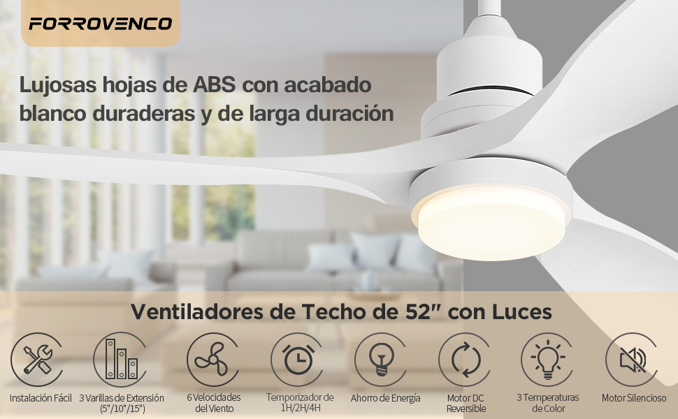 Стеляний вентилятор з підсвіткою та пультом дистанційного керування, тихий DC мотор, 132 см/52 дюйми, 3 дерев'яних лопаті, таймер, 6 швидкостей, сертифікований ETL, режим літо/зима для спальні (132см/52 дюйми, Білий)