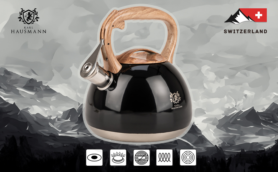 Чайник електричний KARL HAUSMANN Induktion 3L з автоматичним свистком - нержавіюча сталь, для індукційних, газових та електричних плит (Чорний)
