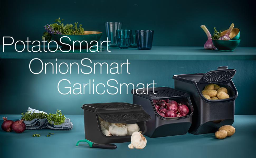 Набір контейнерів Tupperware для картоплі, цибулі та часнику PotatoSmart 8,3 л, OnionSmart 5,5 л, GarlicSmart 2,3 л — інноваційні контейнери для зберігання овочів з оптимальною вентиляцією, штабельовані, для посудомийної машини