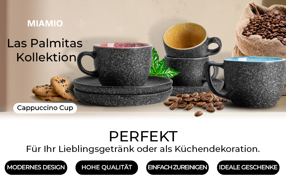 MIAMI - Set of 6 Stackable Ceramic Cappuccino Cups with Saucers and Metal Stand - 190 ml Stoneware Cups for Coffee, Americano, Latte, Café Mocha, and Tea - Las Palmitas Collection