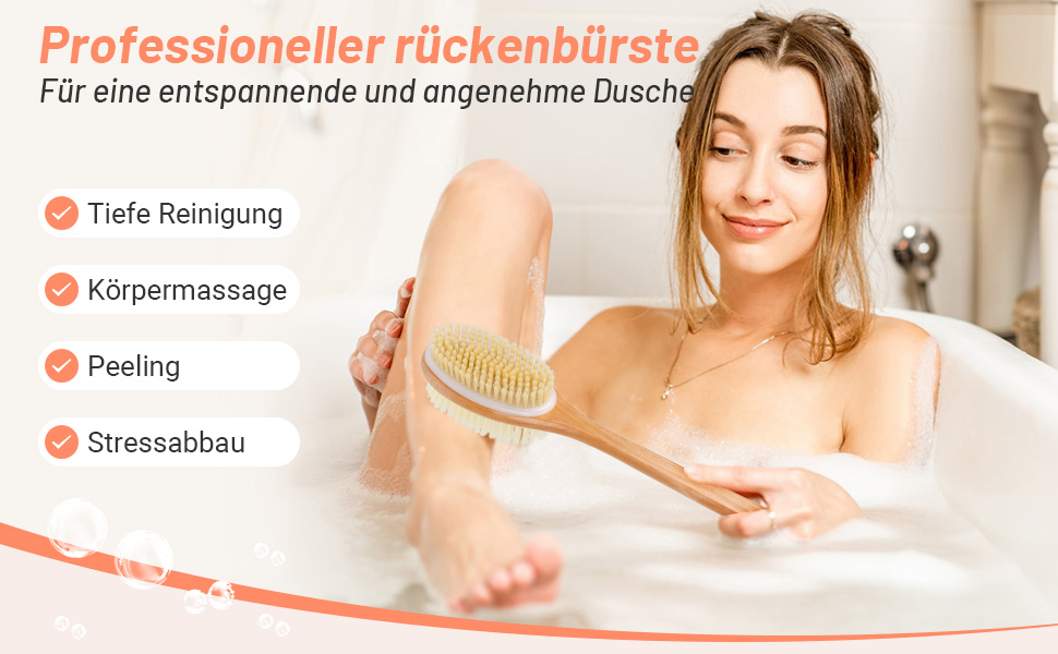 Дерев'яна щітка для спини Alyvisun для душу з довгим руків'ям, двостороння, жорсткі та м'які щетинки, для мокрого та сухого пілінгу тіла