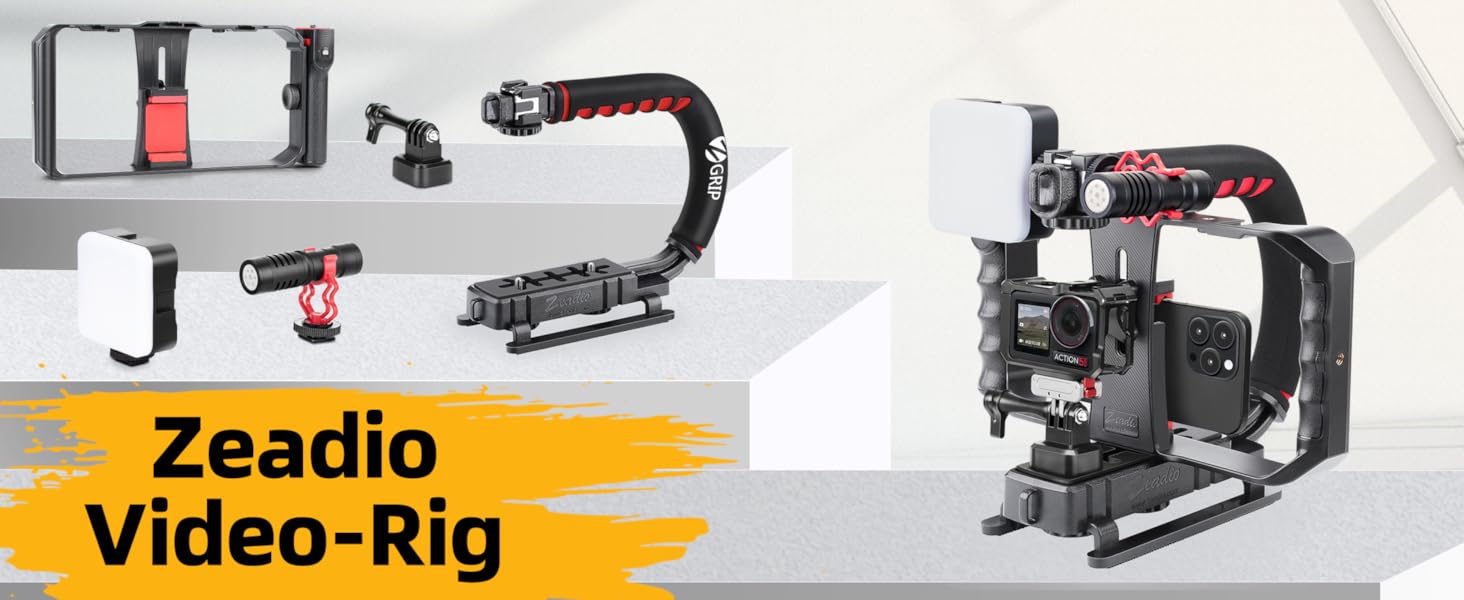Стабілізатор Zeadio Tripel Zubehörschuh для смартфона з відео-рігом, ручка для камери, екшн-камери, DSLR та смартфонів (Професійний набір)