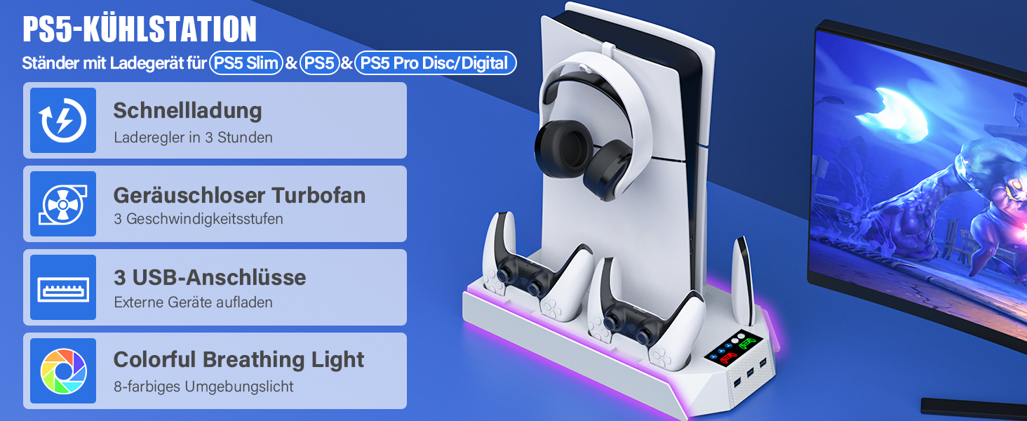 Підставка для PS5 Slim/Pro з зарядною станцією для контролера, RGB підсвічуванням, вентилятором, тримачем для навушників та USB хабом (чорний/білий)