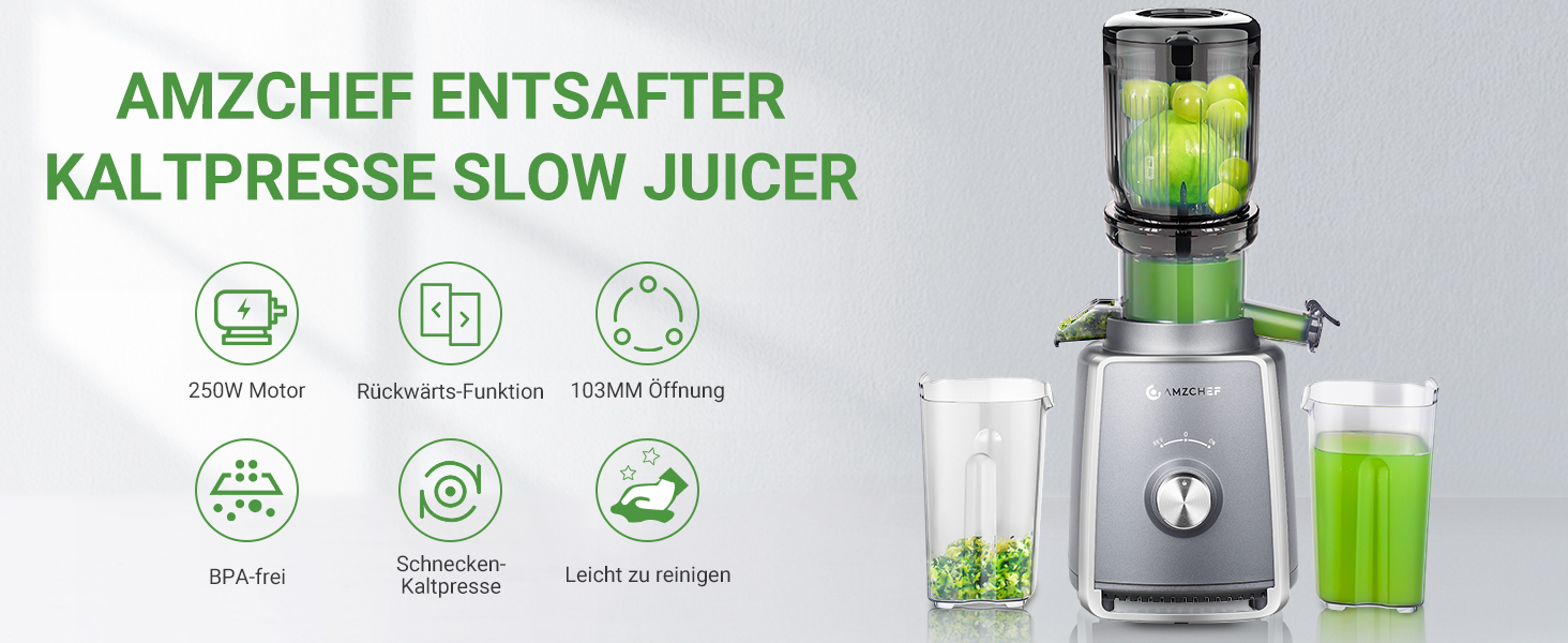 AMZCHEF Соковитискач Slow Juicer з широким отвором - 250W, для овочів та фруктів, тихий мотор, функція реверсу, 2 фільтри, сірий