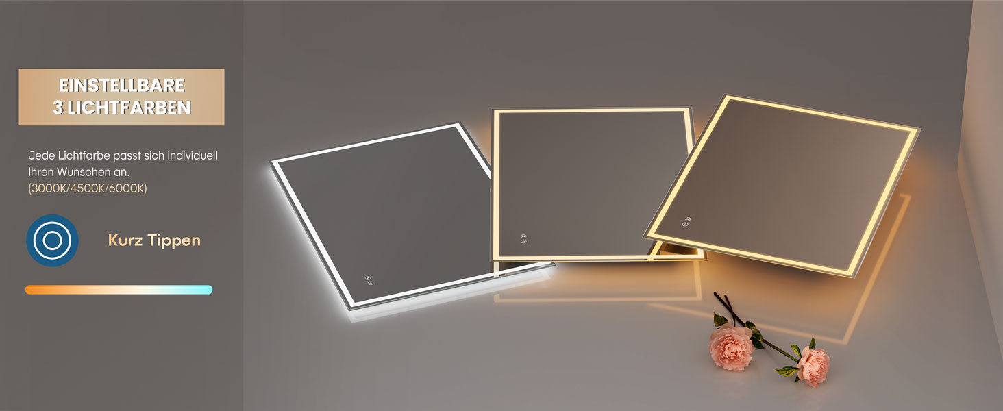 Дзеркало для ванної кімнати з LED-підсвічуванням Dripex, 50x70 см, сенсорне управління, протитуманне покриття, Bluetooth, розетка, 3 кольори світла