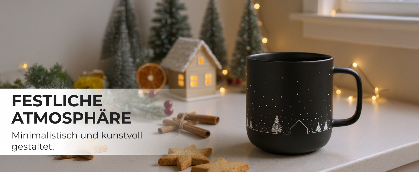 Набір з 4 чашок MIAMIO для святкування Різдва, 500 мл, чорний колір / Кавові чашки на Різдво, мінімалістичний зимовий мотив, подарунок на Різдво, безпечні для миття в посудомийній машині та використання в мікрохвильовій печі – Vinter Collection