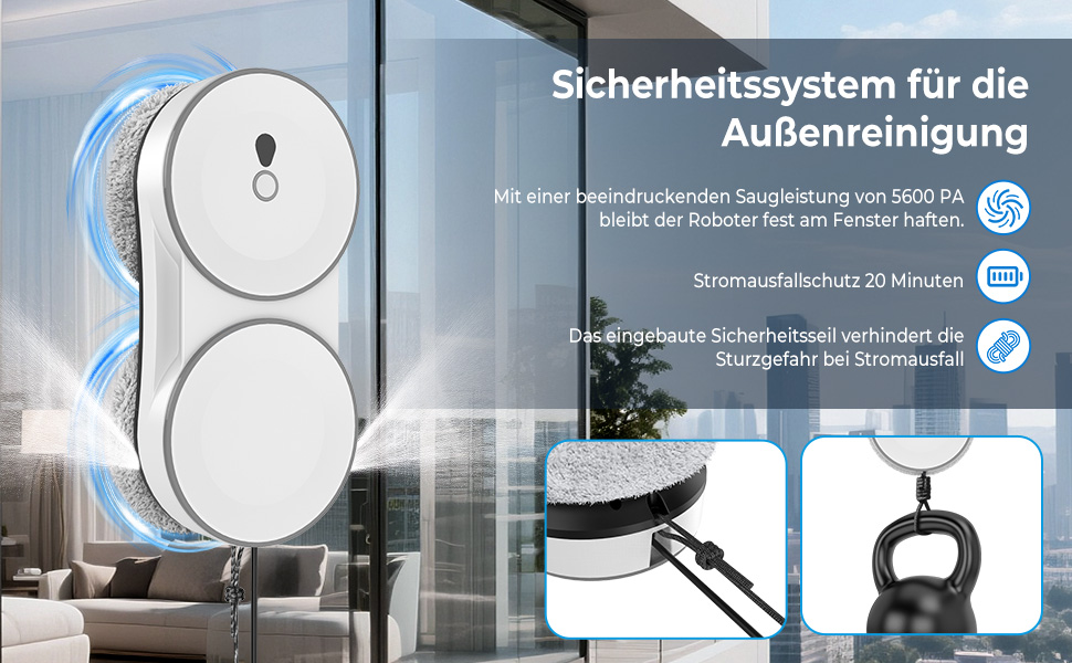 Робот для миття вікон Fensterputzroboter 5600 Па з пультом, 3 режими, подвійне розпилення, навігація, 60 мл, для скла та дверей (білий)