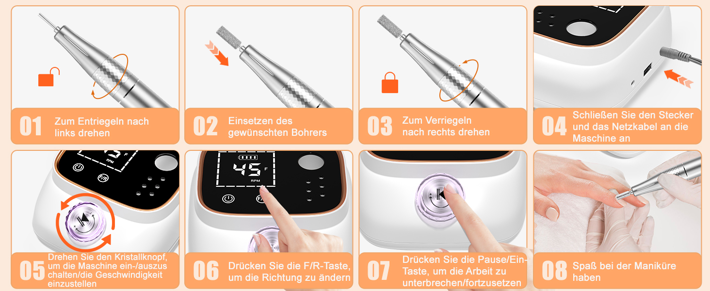 Електрична нігтьова пилка професійна 45000 об/хв з LCD-дисплеєм для гелю та акрилу, з фіксацією біт, набір для манікюру та педикюру, білий