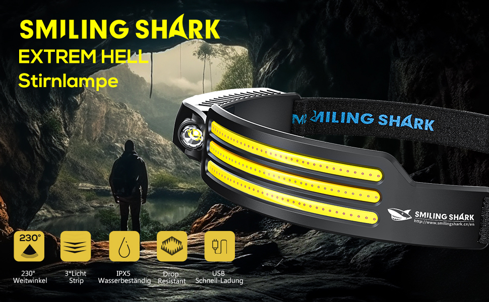Лобовий ліхтар Smiling Shark, 230° широкий кут, 3 LED, біле світло, 2 шт., надяскравий, водонепроникний, акумуляторний для бігу, кемпінгу