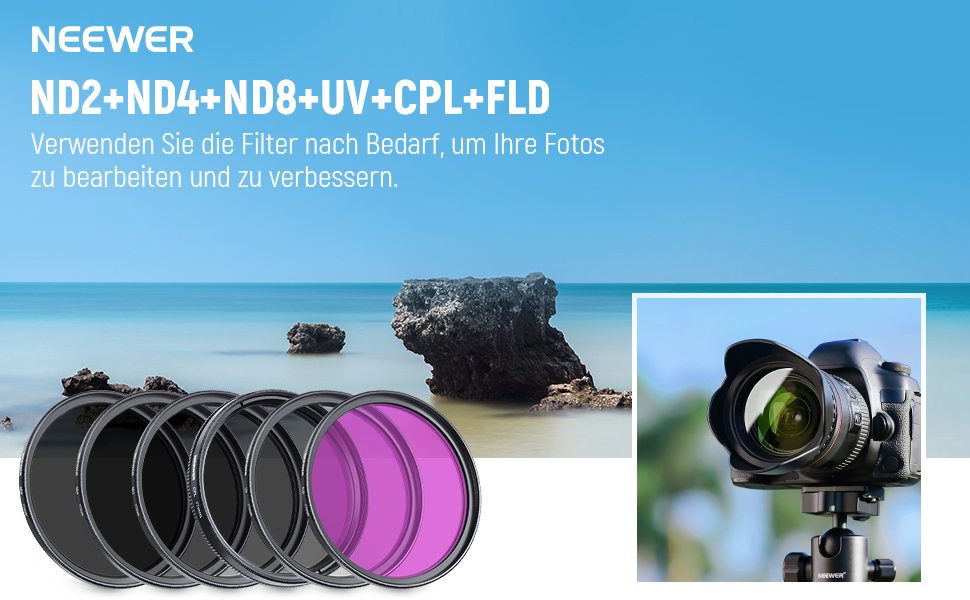 Набір фільтрів NEEWER 77mm: UV, CPL, FLD, ND2, ND4, ND8, бленда та кришка об'єктива. Сумісний з Canon, Nikon, Sony, Panasonic DSLR камерами