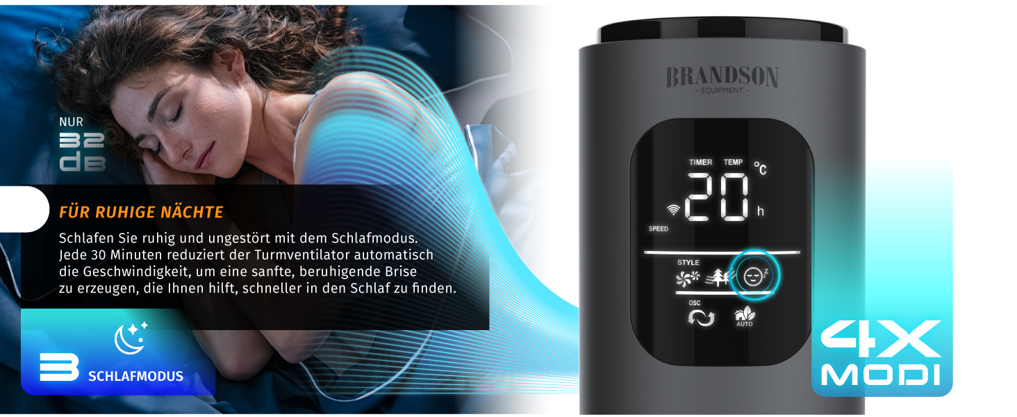 Brandson ECO Tower Fan - Silent DC Motor, 12 Speed, Remote Control, Timer, Energy Efficient, Cool Grey
