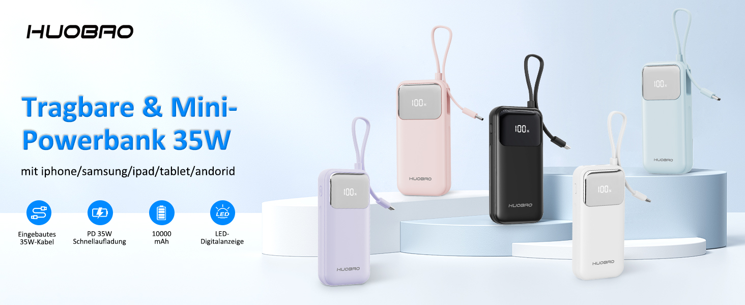 Power Bank 10000mAh з USB-C кабелем, PD 35W, LCD дисплей, для iPhone, Samsung, iPad та інших пристроїв (Блакитний)