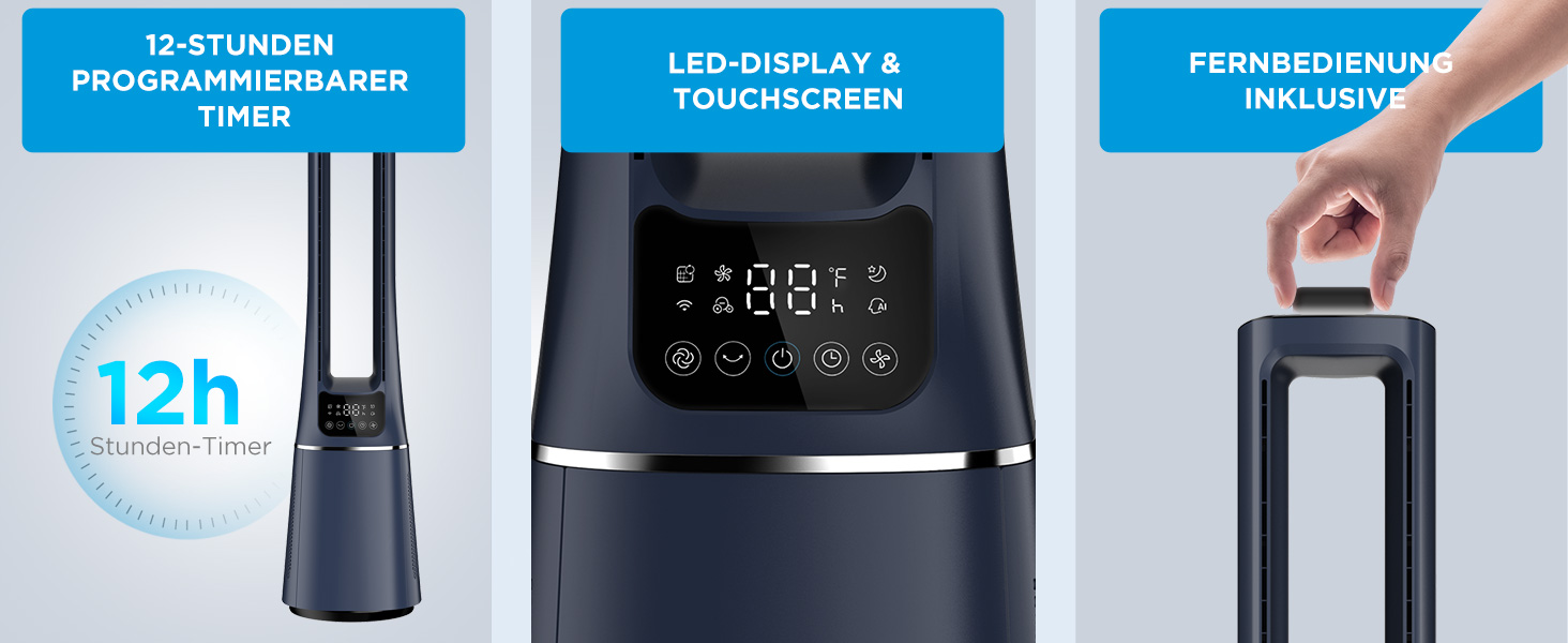 Турбовентилятор Midea MFP-120i (BL) 2-в-1 з очищувачем повітря, тихий (38dB), HEPA фільтр H13, LED дисплей, керування через додаток, Alexa, Google, таймер 12H, осциляція