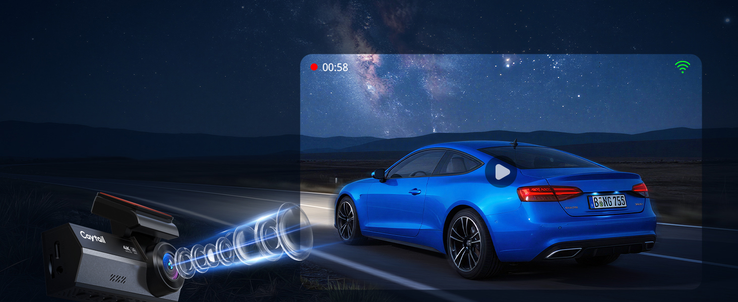 Автомобільний відеореєстратор 4K+2K з WiFi 5GHz, передня та задня камери, 64GB карта пам'яті, кут 170°, нічний режим WDR, дисплей 3.2