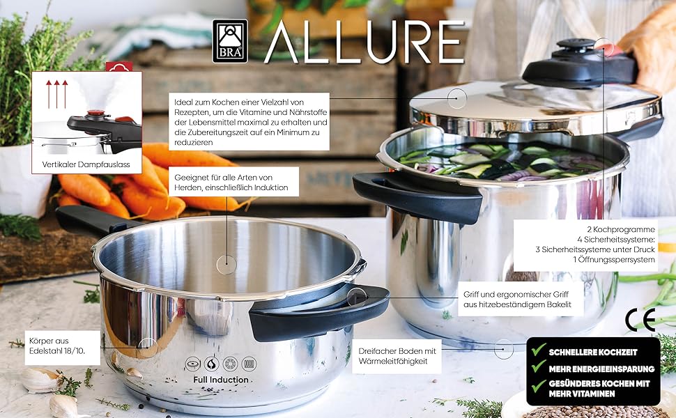 Скороварка BRA Allure 6 л з нержавіючої сталі 18/10, 2 режими приготування, система блокування, для всіх типів плит