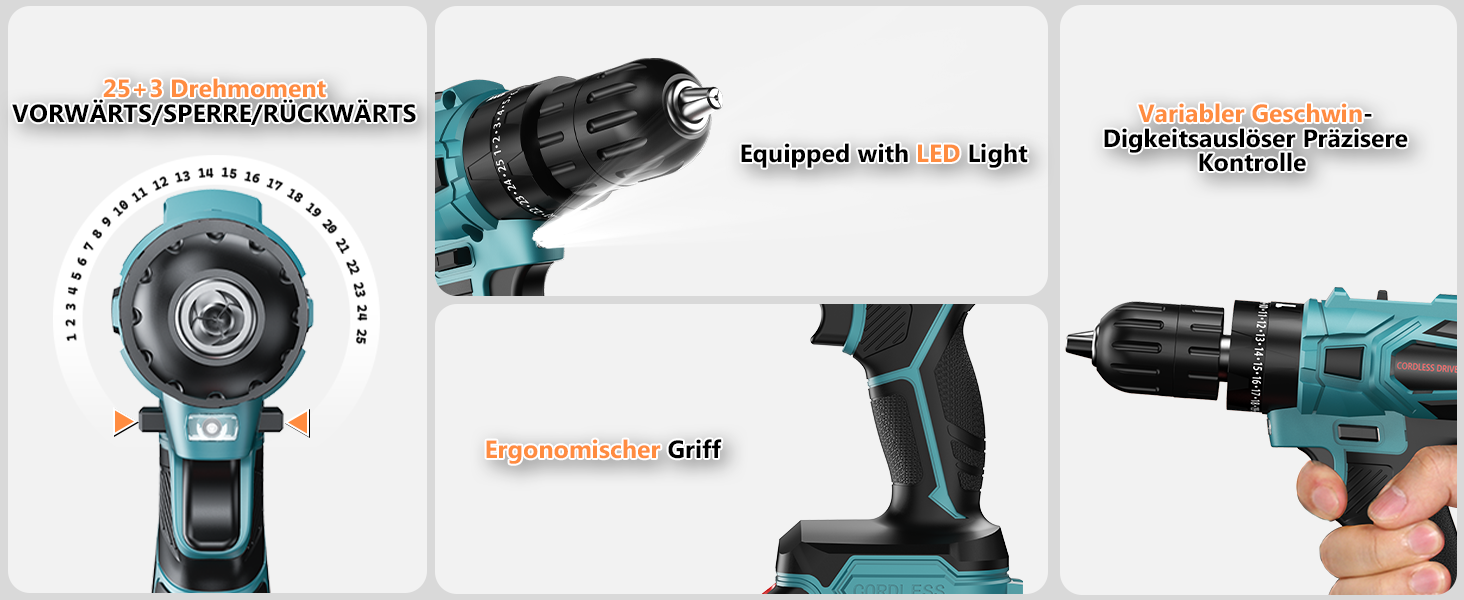 Акумуляторний шурупокрут-дрель 21V з акумулятором 4000mAh, 45Nm, 25+3 ступені, 2 швидкості, LED, 2 акумулятори 2.0Ah та зарядний пристрій, для дому та саду, DIY проєкти (Блакитний)