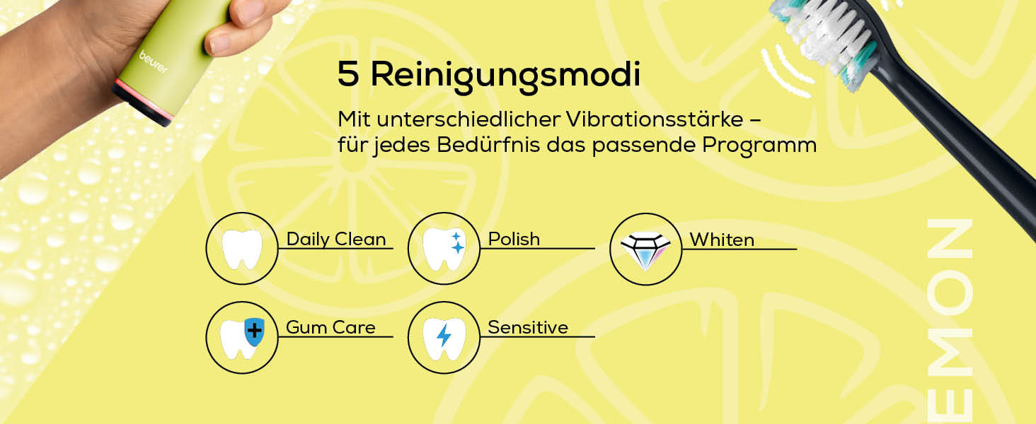 Beurer SC 50 Електрична звукова зубна щітка з 5 режимами чищення, датчиком тиску та дисплеєм (Splashy Lemon)