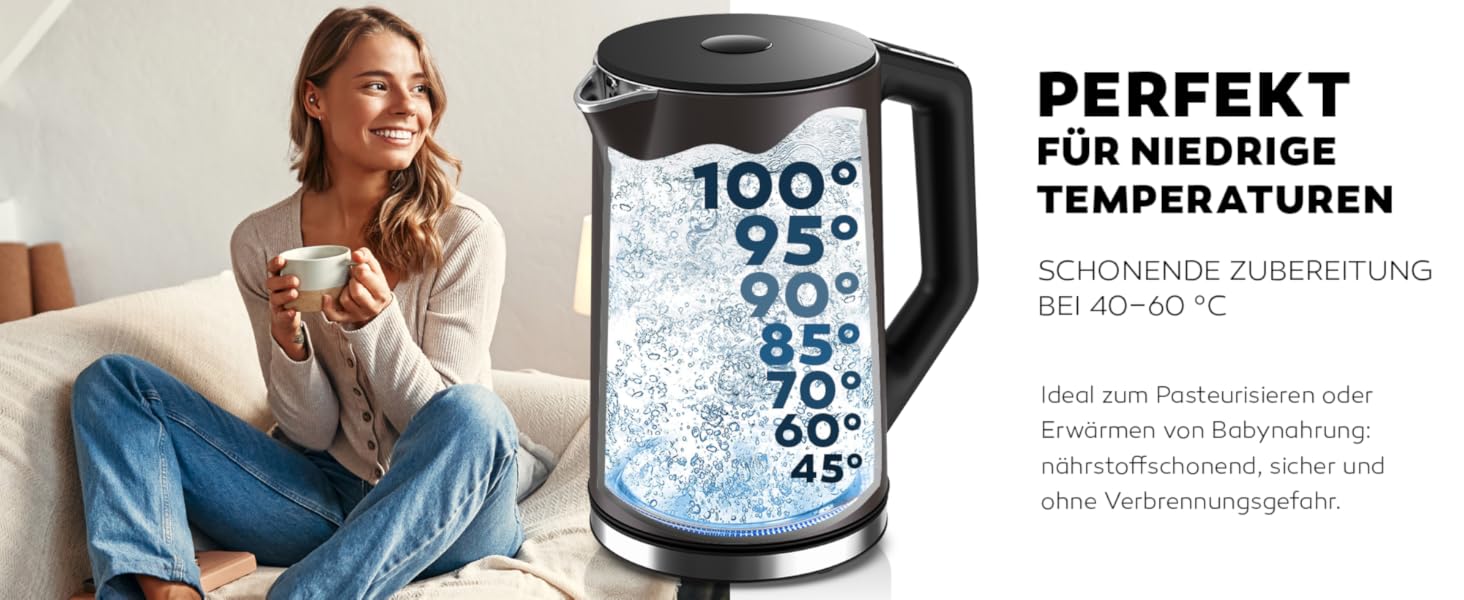 Balter Stainless Steel Electric Kettle with Temperature Control - 40°C to 100°C, Double Wall, BPA Free, 1.7L, 2200W, Quiet Kettle - Dark Grey