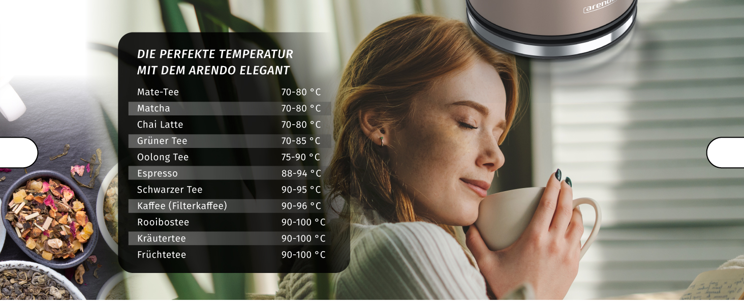 Arendo - Stainless Steel Kettle with Temperature Setting 40-100 Degrees in 5 Degree Increments - Double-Walled Design - Model ELEGANT - 1.5 Liter - 2200 W - Tea Kettle with Temperature Display - GS - Black (E: Bronzo)