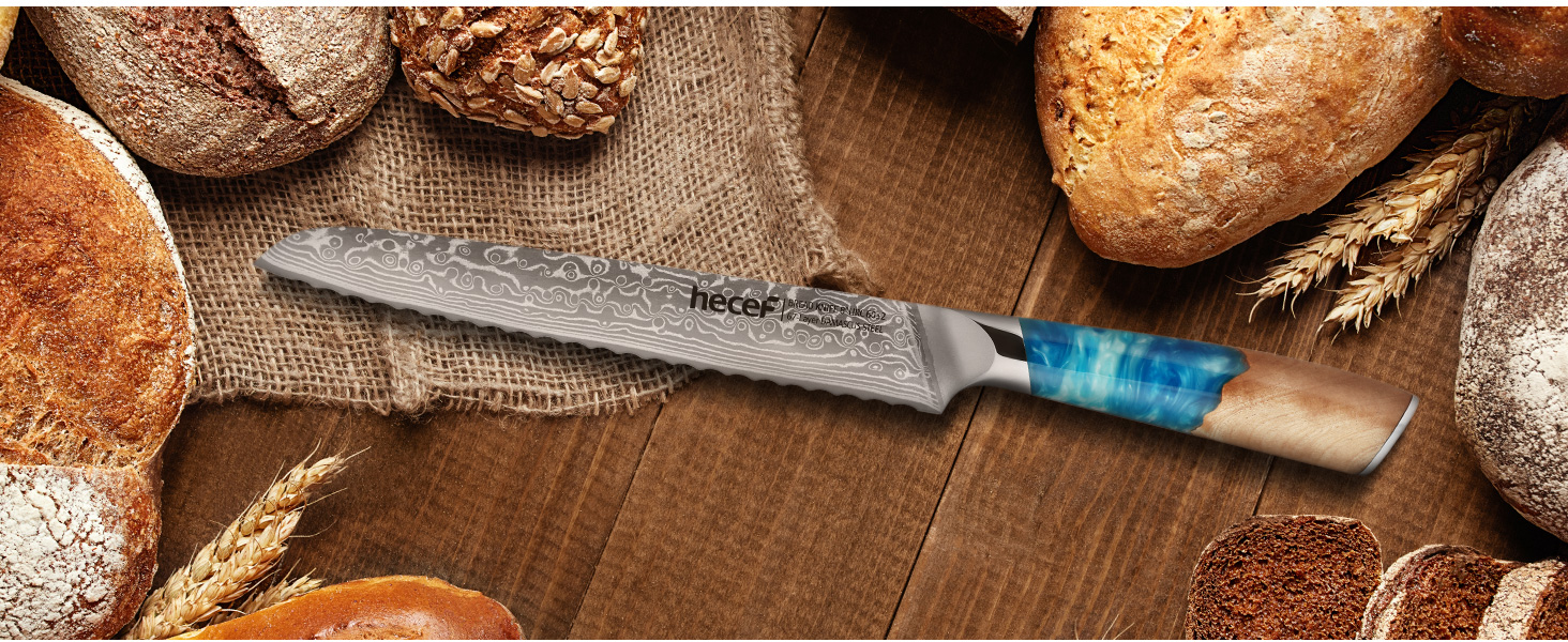 Японський ніж з дамаської сталі Hecef, 20 см, професійний кухонний ніж з ергономічною ручкою з смоли, 67 шарів, з захистом для ножа, подарунок для шеф-кухаря та любителів кулінарії