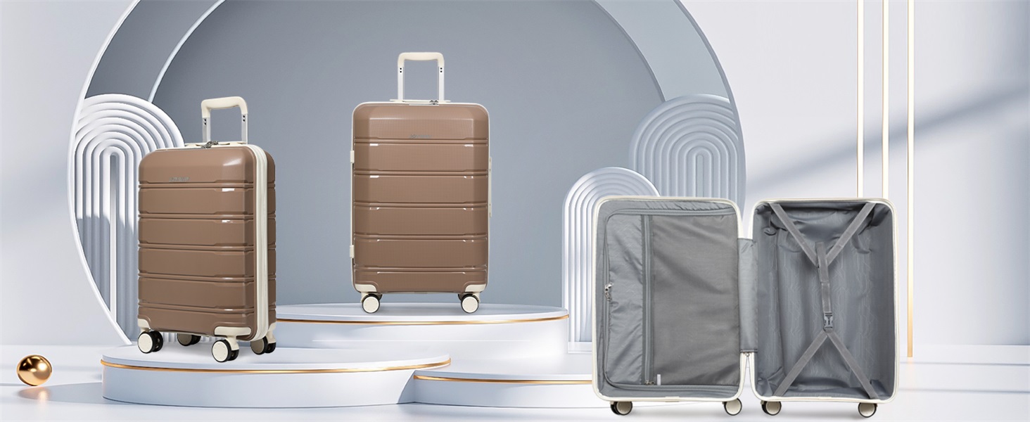 Набір валіз Joyway 3 в 1 з твердим корпусом, 4 колеса, TSA-замок, коричневий/білий. В комплекті: косметичка та сумка для перенесення.