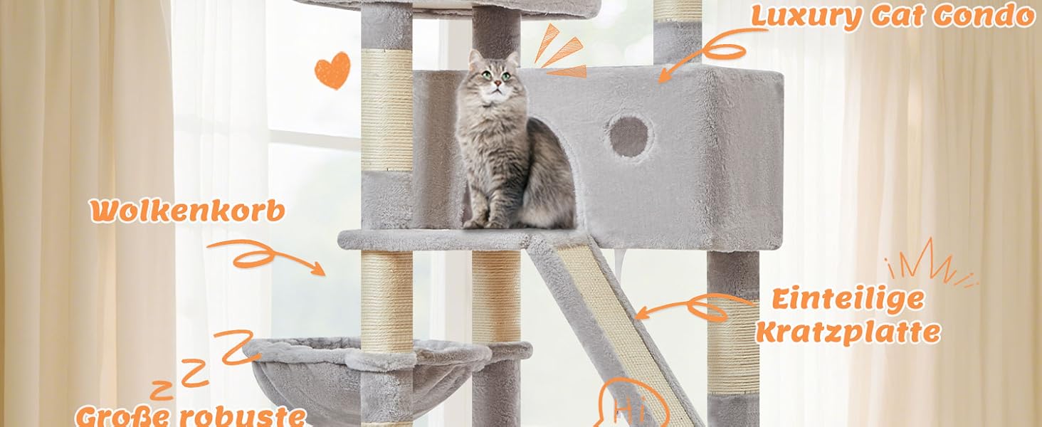 Кігтеточка для котів Taoqimiao MS026W 146 см - велика, стабільна, з 2 будиночками, гамаком, корзиною та 8 кігтеточками (світло-сірий)