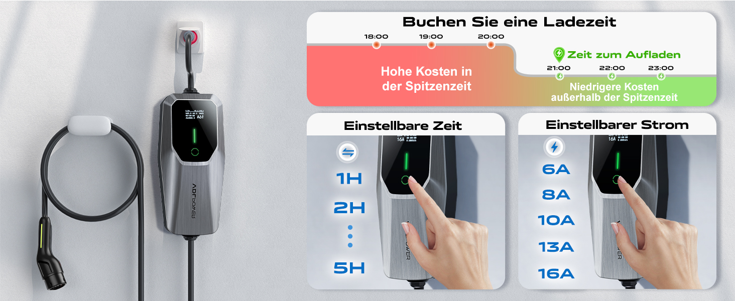 Кабель для зарядки електромобіля Type 2, 3.6KW, 6A-16A, LED-дисплей, 8м, IP65, IEC 62196-2, EU-Schuko