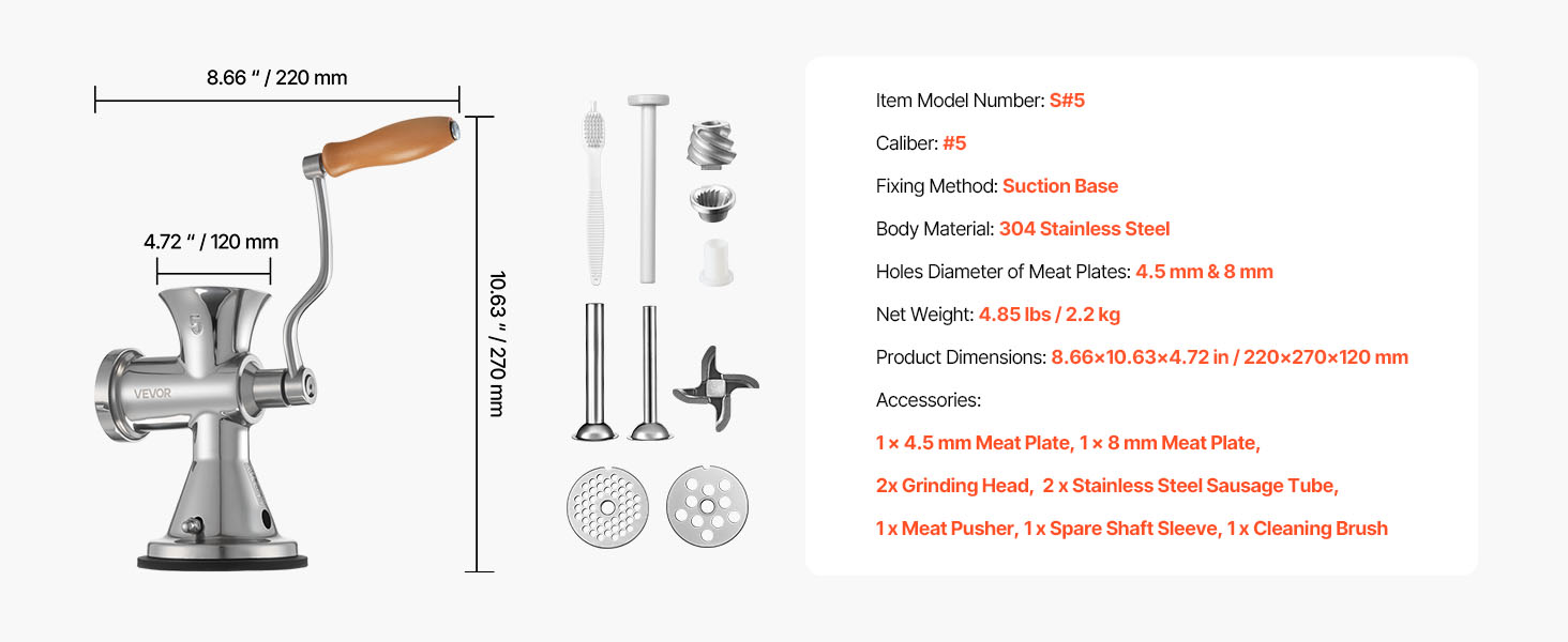 М'ясорубка ручна VEVOR 304 нержавіюча сталь, диски 4.5/8 мм, для фаршу та ковбас, срібляста
