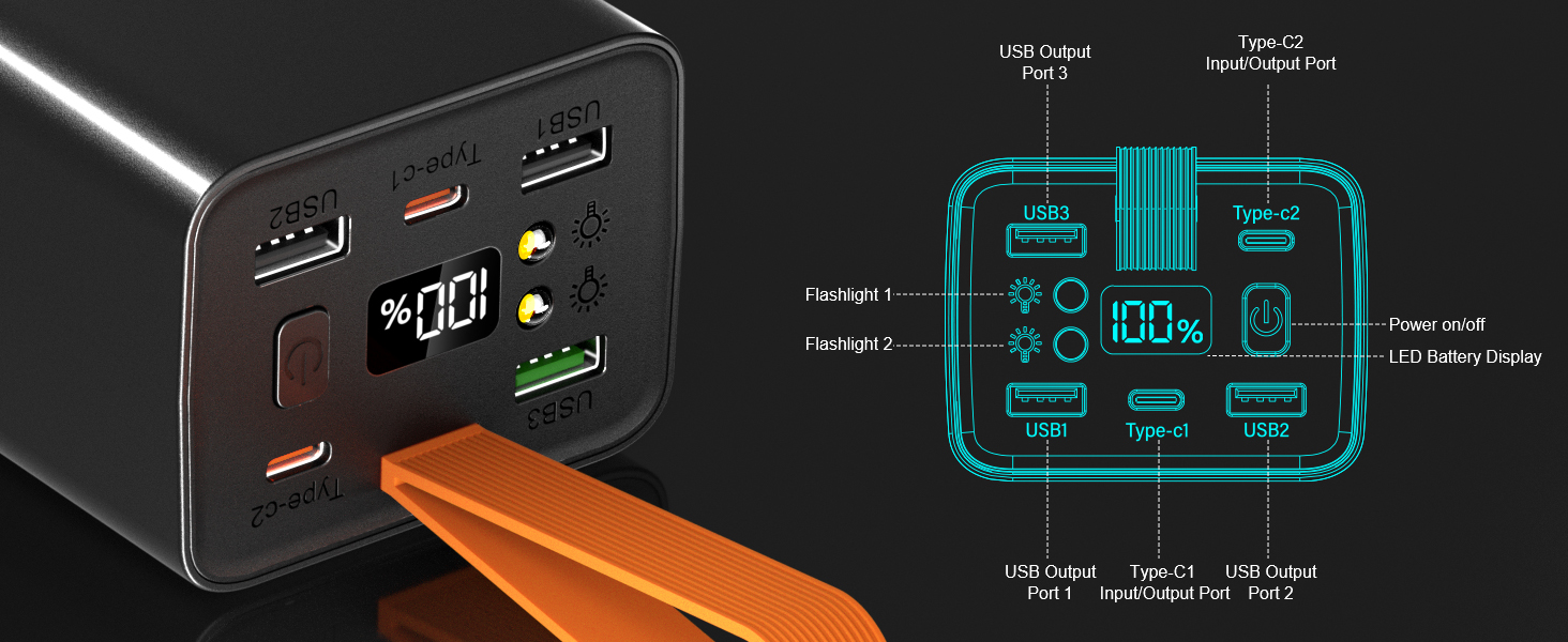 Power Bank 140W 70000mAh з USB-C, 5 портами, Digital Display, Ліхтарик, для iPhone, MacBook, подорожей, офісу (Чорний)