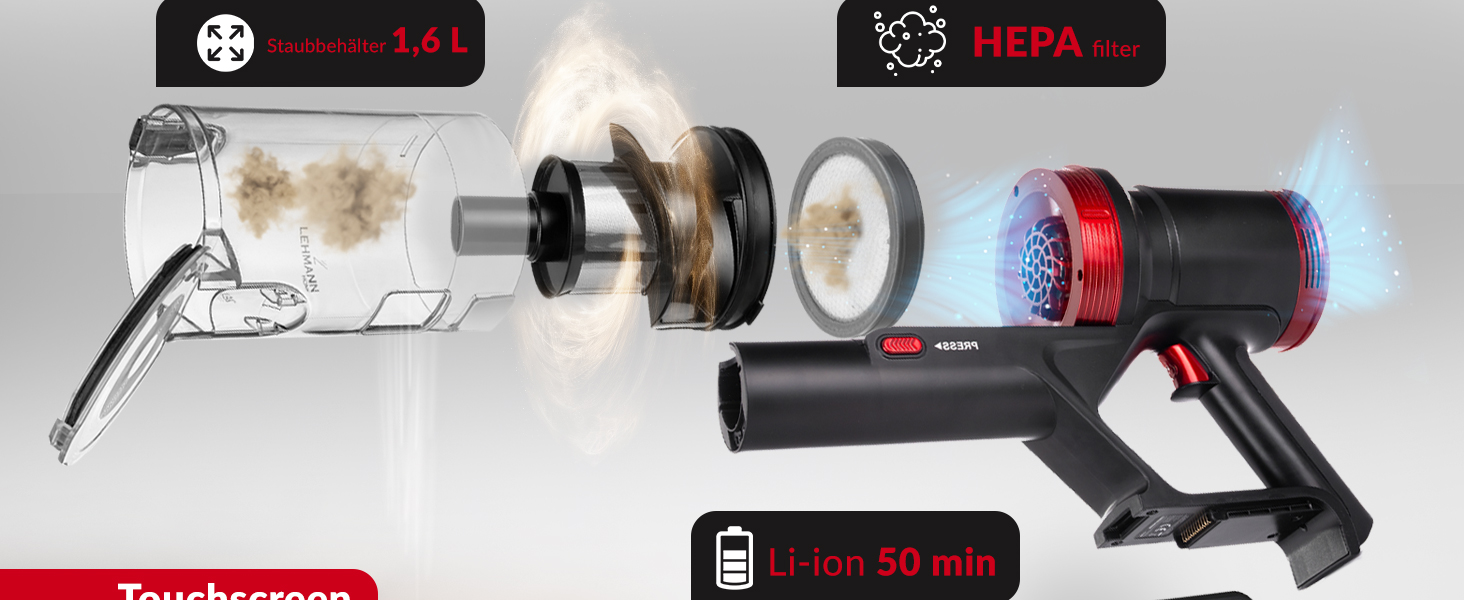 Акумуляторний пилосос LEHMANN 3-в-1: бездротовий, з HEPA-фільтром, LED-щіткою, для прибирання шерсті тварин, килимів та авто. Час роботи: 45 хв, об'єм контейнера: 1,8 л.