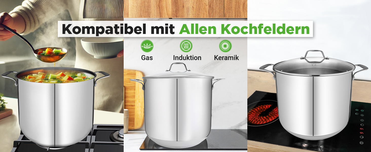 Каструля NutriChef 40 см, 14 л, з кришкою, нержавіюча сталь, для індукції, газу, електро, посудомийної машини, супова, для великих об'ємів