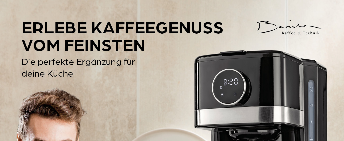 Кавомашина Barista Filterkaffeemaschine з регульованим м'яльним жорном та термокружка | Функція підігріву, таймер 24 години та постійний фільтр | Для 10 чашок кави | Кавомашина для зерен та меленої кави [Нержавіюча сталь] (10) Чорний колір - скляна колба (сенсорний дисплей)