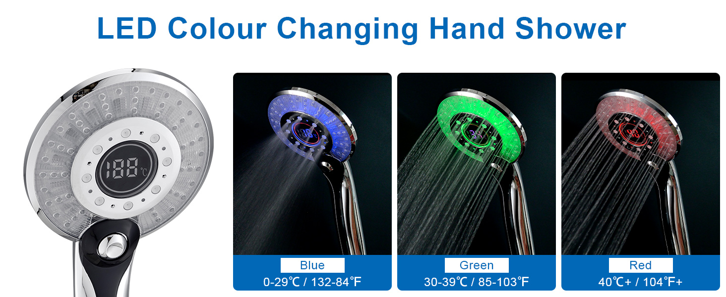 LED Shower Head, Rain Shower with 3 Color Changing Lights, Temperature Control, Handheld Shower with Digital Temperature Display, Large, Water-Saving, Pressure-Boosting Shower Head, Chrome