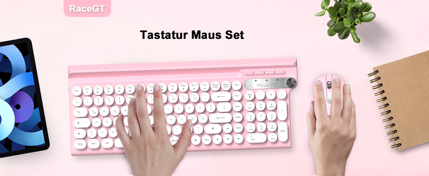 Ігрова клавіатура та миша RaceGT з RGB підсвічуванням, 104 клавіші, вологостійка, 7 кнопок миші 6400 DPI, QWERTZ (DE-Layout), рожевий колір