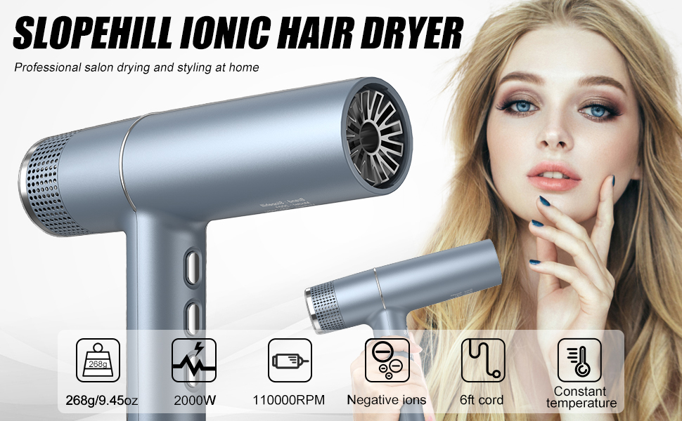 Фен Slopehill з унікальним безщітковим мотором | Інтелектуальна діагностика помилок | Інноваційний мікрофільтр | Oxy Active Technology | LED-дисплей | Суперлегкий 268г, 2000W (Синій)