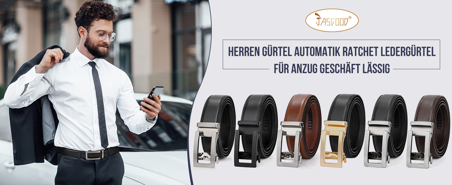 Чоловічий шкіряний ремінь JasGood з автоматичною застібкою, регульований, без отворів, ширина 35 мм, чорний, 130 см (підходить для обхвату талії 101-115 см)