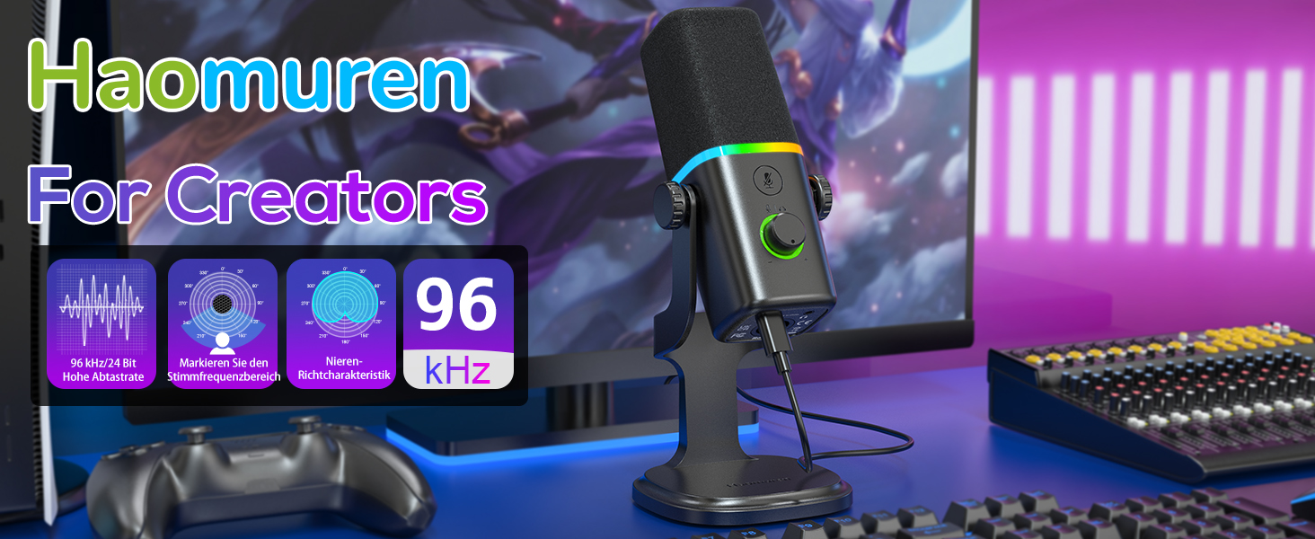 Динамічний мікрофон Haomuren XLR/USB з RGB-підсвіткою для геймінгу, подкастів та YouTube