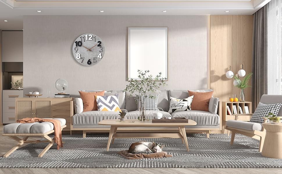 Sinsoledad 30cm Large Wall Clock No Ticking Sound Modern Wood 3D Wall Clocks for Living Room Bedroom Kitchen (Gray)
