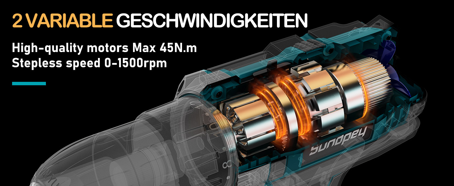 Акумуляторний шуруповерт Sundpey 21V з 2x2000mAh акумулятором, 45 Нм, 2 швидкості, 18+1 момент, патрон 10мм, набір 19шт для дому та DIY, блакитний