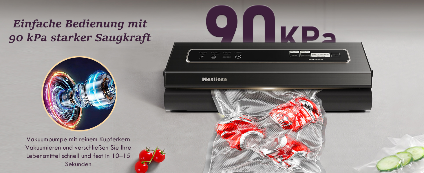 Вакуумний пакувальник Mesliese, 90 кПа, 6-в-1, з ножем, 2 рулони та 5 пакети, сухий/вологий режим, сірий