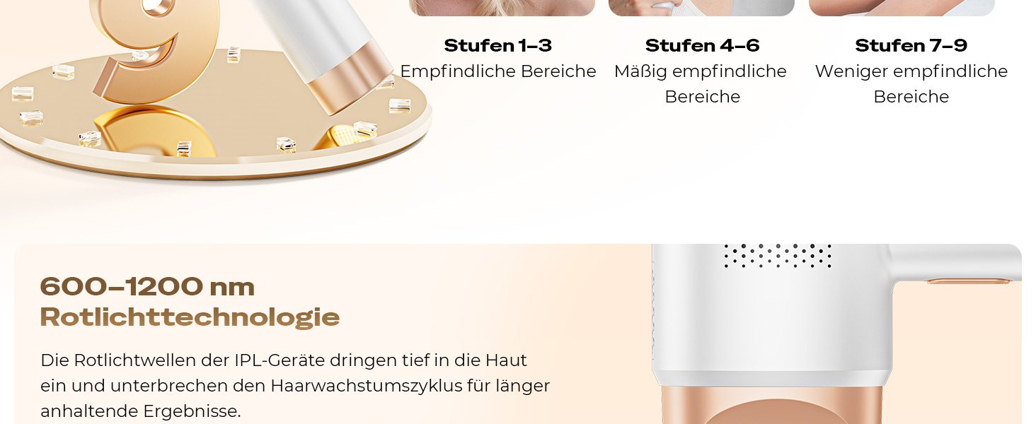 Пристрій для епіляції IPL з охолодженням 8°C, 9 рівнів, 600 нм, LCD-екран, для жінок та чоловіків, обличчя, руки, бікіні-зона, тіло, золотий