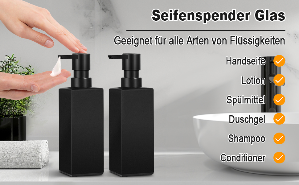 Дозатор для мила GMISUN для ванної кімнати та кухні, 350 мл, чорний скляний диспенсер з піддоном та водонепроникними етикетками (2 шт)