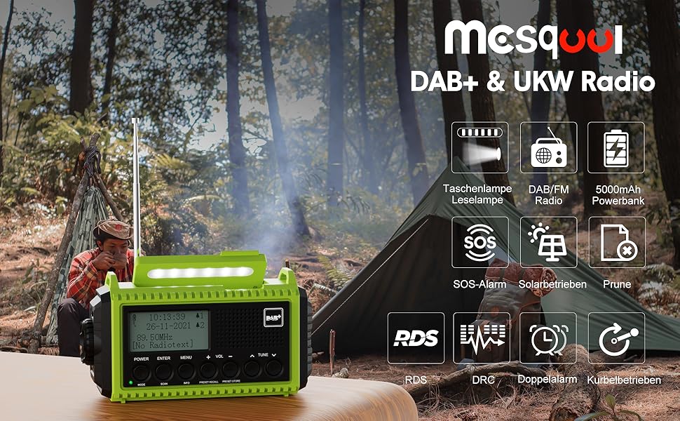 Радіоприймач Kurbelradio з DAB+/DAB/UKW, акумулятор 5000mAh, ліхтарик, SOS-сигнал, зарядка USB, динамо, FM, для кемпінгу та подорожей