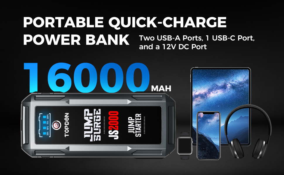 TOPDON JS2000 Powerbank-пускозарядний пристрій: 2000A, 16000mAh, для бензинових та дизельних двигунів до 8L/6L, вбудований LED, комплект з кабелями та EVA-сумкою