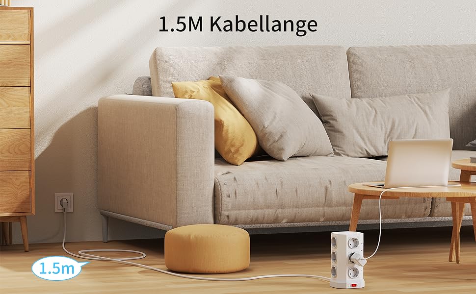 Блок розеток із захистом від перенапруги (3680W/16A), 12 розеток з 5 USB, мережевий фільтр з вимикачем, 1,5м кабель, захист 1050J, для дому/офісу, білий